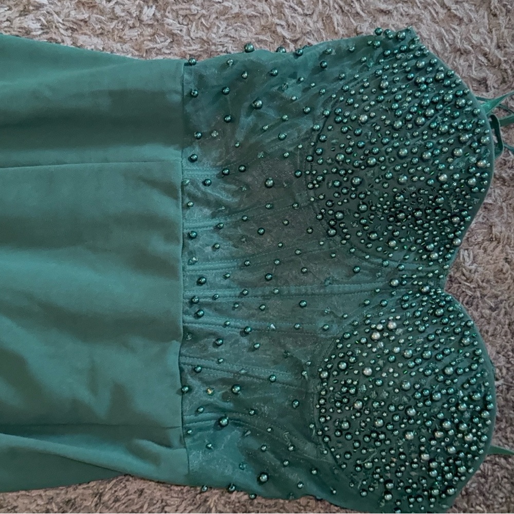 Green Beaded Strapless Dress
